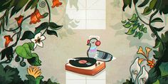 a record player sitting on top of a turntable surrounded by plants and flowers in the background