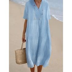 Season:Summer,Spring; Fabric:Cotton; Sleeve Length:Short Sleeve; Look After Me:Machine wash; Gender:Women's; Style:Basic,Modern; Elasticity:Inelastic; Occasion:Daily,Weekend; Fit Type:Loose Fit; Dresses Type:Cotton Summer Dress,Casual Dress; Pattern:Plain; Neckline:V Neck; Front page:FF; Listing Date:03/14/2024; Production mode:External procurement; 2024 Trends:2023; Bust:; Length:; Fit US Size:null; Fit UK Size:null; Fit EU Size:null; Dress Length Type:Midi Dress; Print Type:non-printing Non-stretch Beach Dress With Pockets, Summer Cotton Solid Color Dresses, Summer Solid Color Cotton Dress, Buttoned Beach Dress, Solid Color Cotton Beach Dress, Casual Beach Season Dress With Pockets, Casual Beach Dress With Pockets, Light Blue Summer Dresses With Pockets, Light Blue Summer Dress With Pockets