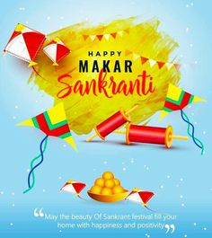 happy makar sanki message with colorful kites and decorations on blue background for festival