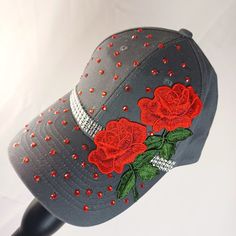 *Embellished Baseball Cap *Upcycled Trucker Hat *Embellished By Hand With Rose Appliques, Silver Rhinestones, Red Rhinestones *Dark Gray *New Never Worn *Standard Size. Adjustable Ball Caps For Women, Bling Hats, Custom Trucker Hats, Rose Applique, Caps And Hats, Custom Caps, Ball Caps, Headband Pattern, Red Rhinestone