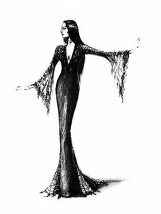 a black and white drawing of a woman in a long dress with her arms outstretched