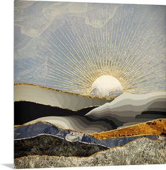 an abstract painting with mountains and sun in the background