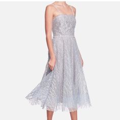 Nwt Color Is Bright Silver Glitter Marchesa A-Line Dress Silver Beaded, Sequin & Crystal Accents Sleeveless With Square Neckline Concealed Zip Closure At Back 100% Polyester Retails $795 Y2k, Summer, Spring, Striped, Retro, 60s, 70s, 80s, 90s, Boho, Bohemian, Lightweight, Airy, Breezy, Date, Brunch, Hollywood, Celebrity, Melrose, Sustainable, Eco-Conscious, Eco-Friendly, Fitted, A-Line, Fit & Flare Spring, Retro, Midi, Thigh Split, Velvet, Stretch, Flattering, Feminine, Flirty, Fitted, Curvy, Du Embellished Midi Evening Dress For Prom Season, Sparkling Sleeveless Sequin Dress For Gala, Sleeveless Sparkling Sequin Dress For Gala, Sparkling Sleeveless Summer Evening Dress, Evening Sleeveless Sequin Dress With Fitted Bodice, Sleeveless Sequin Dress With Fitted Bodice For Evening, Sleeveless Sequin Dress With Fitted Bodice For Formal Occasions, Embellished Sleeveless Midi Dress With Fitted Bodice, Formal Sleeveless Sequin Dress With Fitted Bodice