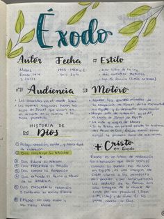 an open notebook with some writing on the page and green leaves in spanish, next to it is a handwritten text that reads exod