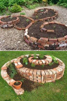 four different pictures with various types of garden designs