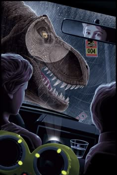 an image of a dinosaur in the car with people looking at him from behind the wheel