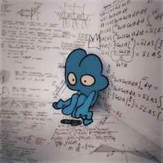 a blue cartoon character sitting on top of a white wall covered in writing and calculations