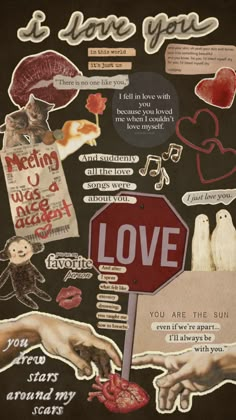 a collage of various stickers and words on a black background with hands holding a stop sign