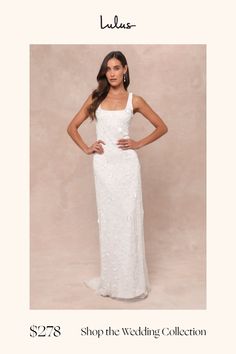 Your walk down the aisle will be exceptionally elegant with a luxe look like the Lulus Extraordinary Glamour White 3D Floral Beaded Backless Maxi Dress! An intricate floral design composed of shiny sequins, dainty beaded details, and three-dimensional floral appliques adorn a sheer mesh overlay that shapes a sleeveless bodice with a square neckline and a flirty open back, all supported by slender tank straps. The figure-skimming, column silhouette cascades down to a sweeping maxi hem with a roma Elegant Wedding Dress With Floral Applique, Beaded Bridal Gown, Walk Down The Aisle, Backless Maxi Dress, Backless Maxi Dresses, Mesh Overlay, Floral Applique, Dress 100, Square Neckline