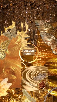 an image of a golden hour with gold flowers and butterflies on it's side