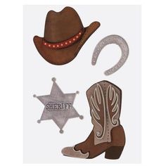 the cowboy hat, boots and sheriff badge are cut out from cardboards on a white background