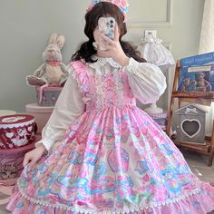 Lolita Jsk Dress Women Dreamland Cartoon Bear Lace Bow Sleeveless Sweet Straps Dresses Girls Kawaii Bubblegum Color, Pink Birthday Party, Sweet Clothes, Pastel Fashion, Kawaii Fashion Outfits, Pink Birthday, Sweet Lolita, Lolita Dress, Bubblegum Pink