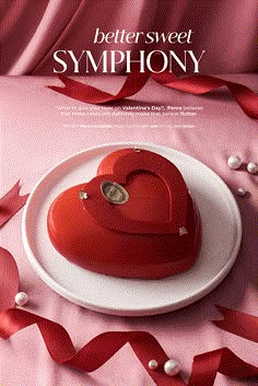 a heart shaped cake on a plate with red ribbon around it and the words, better sweet symphoney