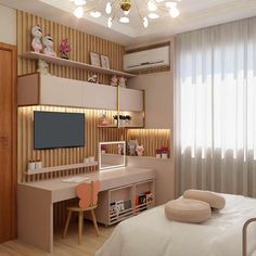 a bedroom with a bed, desk and television on the wall in it's corner