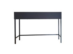 a black table with metal legs and a shelf on the top, against a white background