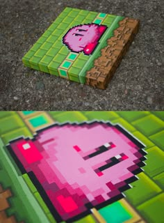 two different images of an old school video game character painted on canvases, one is pink and the other is green