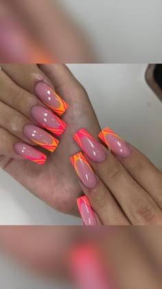 Summer Holiday Nails Coffin, Holiday Nails Orange And Pink, Pink Orange And Yellow French Tip Nails, Hot Pink And Orange Nails Acrylic, Neon Nail Ideas Summer Pink, Summer Acrylic Nails Orange And Pink, Orange And Fuschia Nails, Bright Pink Vacation Nails, Nohti 2024