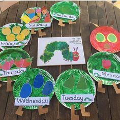 the very hungry caterpillars are on paper plates with their name tags attached to them