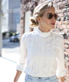 Goodnight Macaroon Spring Favorites | MEMORANDUM | NYC Fashion & Lifestyle Blog for the Working Girl How To Wear Belts, How To Wear White Jeans, High Neck Lace Top, Chiffon Lace Blouse, Stitch Fit, Inspired Outfits, Blouse Outfit, Fashion Mode, Mode Inspiration