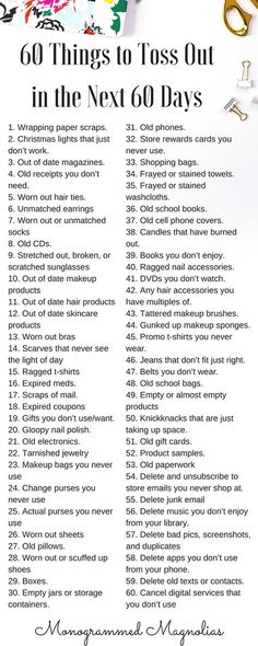 a list with the words 60 things to toss out in the next 60 days on it