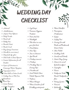 the wedding day checklist is shown with green leaves and branches on it, as well as