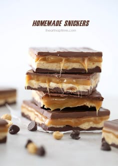 chocolate and peanut butter bars stacked on top of each other