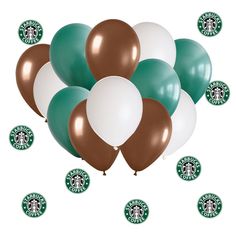 starbucks balloons are floating in the air with starbucks logo stickers around them on a white background