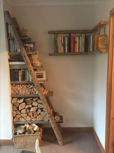 there is a ladder made out of logs in the room with bookshelves and baskets