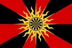 a red, black and yellow striped flag with a sun symbol on it's center