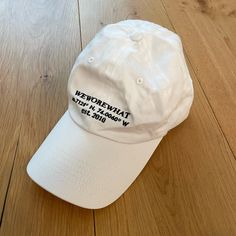 White Baseball Cap With Black Writing, Brand New, Never Worn White Dad Hat For Everyday Summer Use, White Dad Hat With Letter Print For Spring, White Baseball Cap, Black Writing, Cream Base, Base Ball, White Caps, Baseball Cap, Color White