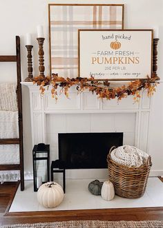 a fireplace decorated with pumpkins, candles and a sign that says farm fresh pumpkins