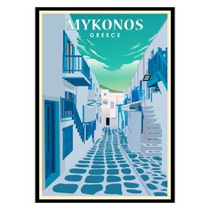 an image of a poster with the words mykonos greece on it's side