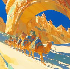 a group of people riding on the backs of camels down a snow covered road