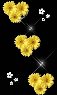 yellow flowers are arranged in the shape of hearts on a black background with sparkles