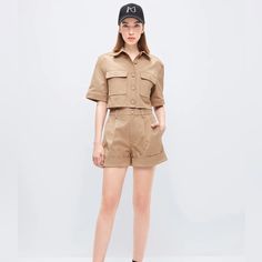 Nwt- Size Small Cargo Khaki Shorts And Cropped Polo Collar Short Sleeve Jacket Perfect For A Safari! Safari Shorts, Short Pants Outfit, Cropped Polo, Cargo Khaki, Utilitarian Style, Short Sleeve Jacket, Khaki Shorts, Straight Leg Trousers, Short Pants