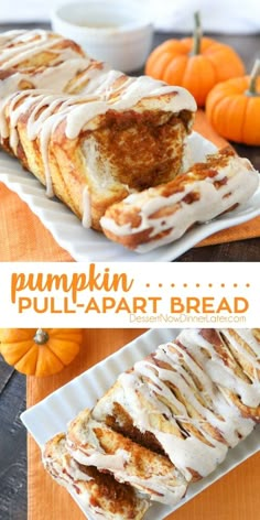 pumpkin pull apart bread on a white plate with oranges in the background and an image of