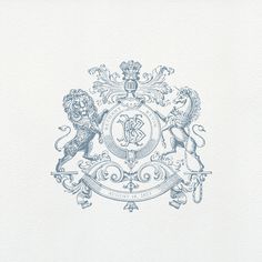 a blue and white drawing of a coat of arms with lions on the crest,