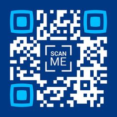 a blue and white qr code with the word scan me on it's side