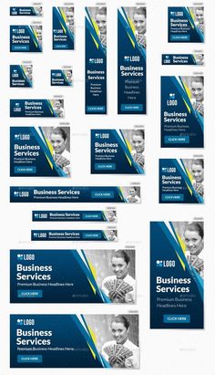 a bunch of blue and yellow business banners