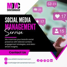 the flyer for social media management service is displayed in purple and black colors with icons above it