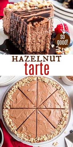 a chocolate cake with nuts on top and the words hazelnut tarte above it