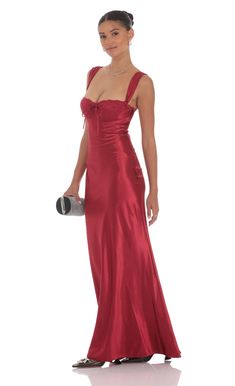 Designed in Los Angeles- Maxi Length- Zipper closure- Unlined- Made in satin fabric- Hand wash coldModel is wearing a size small that measures 57in/145cm in length Slight modifications might be made to improve garment quality.Handling the garments with care, hand-washing and air-drying is strongly recommended. Red Satin Maxi Dress, Dress Satin, Satin Maxi Dress, Red Satin, Satin Fabric, Hand Washing, Cute Outfits, Hand Wash, Prom