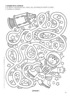 a coloring page with an image of a spaceman and other things to color in