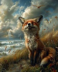 a painting of a fox sitting on top of a grass covered hill next to the ocean