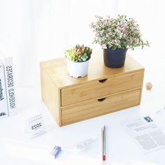 two potted plants sitting on top of a wooden box next to books and pencils