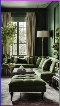 a living room filled with green furniture and a large window covered in curtains next to a piano