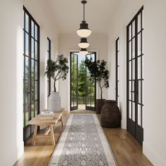 a long hallway with large windows and plants on either side of the entrance door, leading to another room