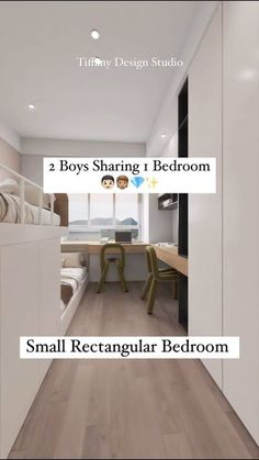 small rectangular bedroom with white walls and wood flooring, along with text that reads 2 boys sharing 1 bedroom