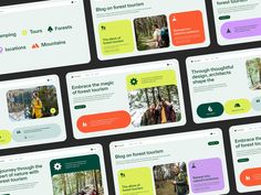 several screens showing different types of webpages with people walking in the woods behind them