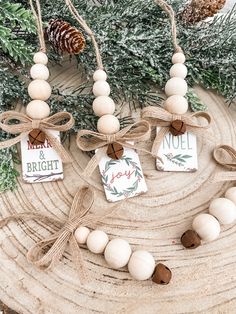 some ornaments are hanging on a tree branch with pine cones and tags attached to them